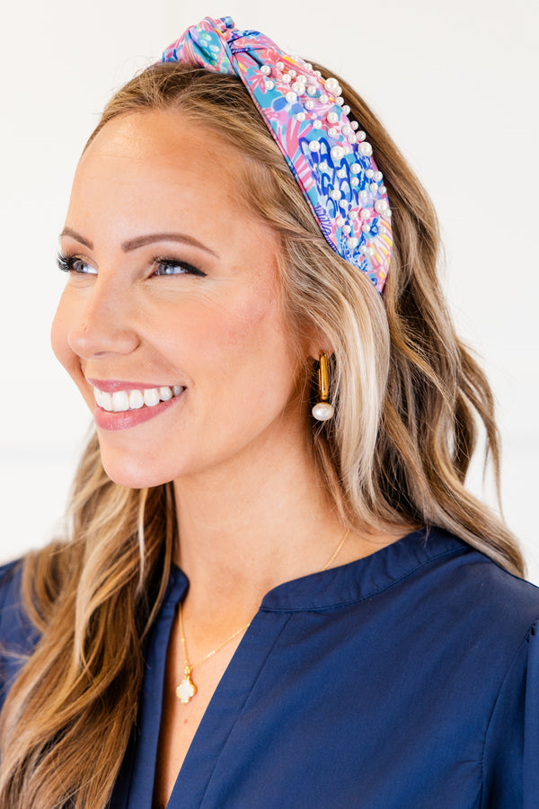 Chic Soul plus size clothing, pink/purple floral print knot headband with pearls all over