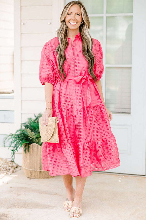 Chic Soul plus size clothing, short-puffed-sleeve ruffled buttoned collared pink midi dress with a waist-tie and subtle gingham lace detailing 