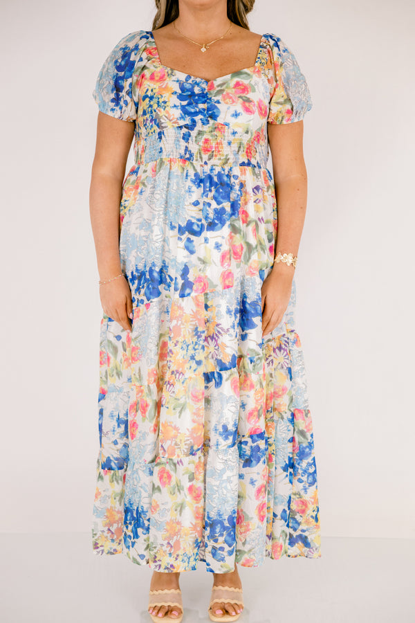 Chic Soul plus size clothing, light blue short puff sleeve maxi dress with blue, green, and coral pink floral pattern 
