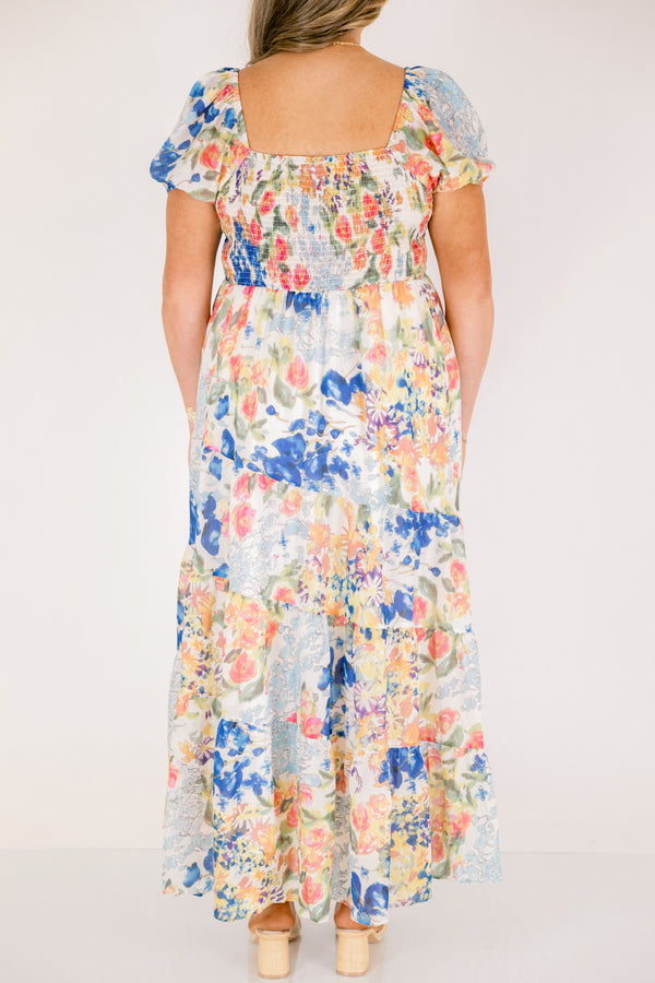 Chic Soul plus size clothing, light blue short puff sleeve maxi dress with blue, green, and coral pink floral pattern 