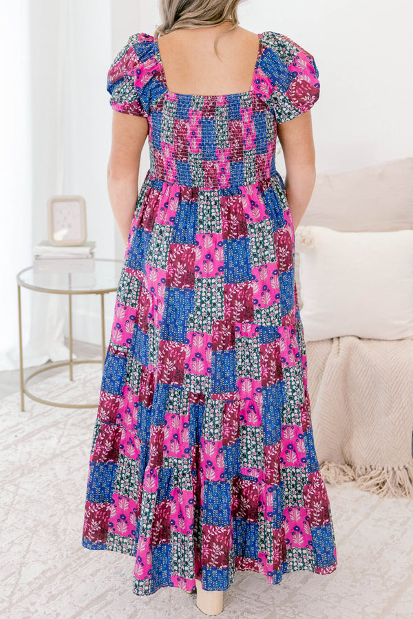 Chic Soul plus size clothing, purple and blue multi color patchwork puff sleeve square neck tiered maxi dress