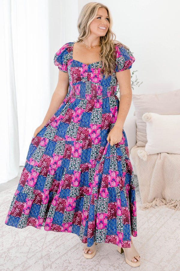 Chic Soul plus size clothing, purple and blue multi color patchwork puff sleeve square neck tiered maxi dress