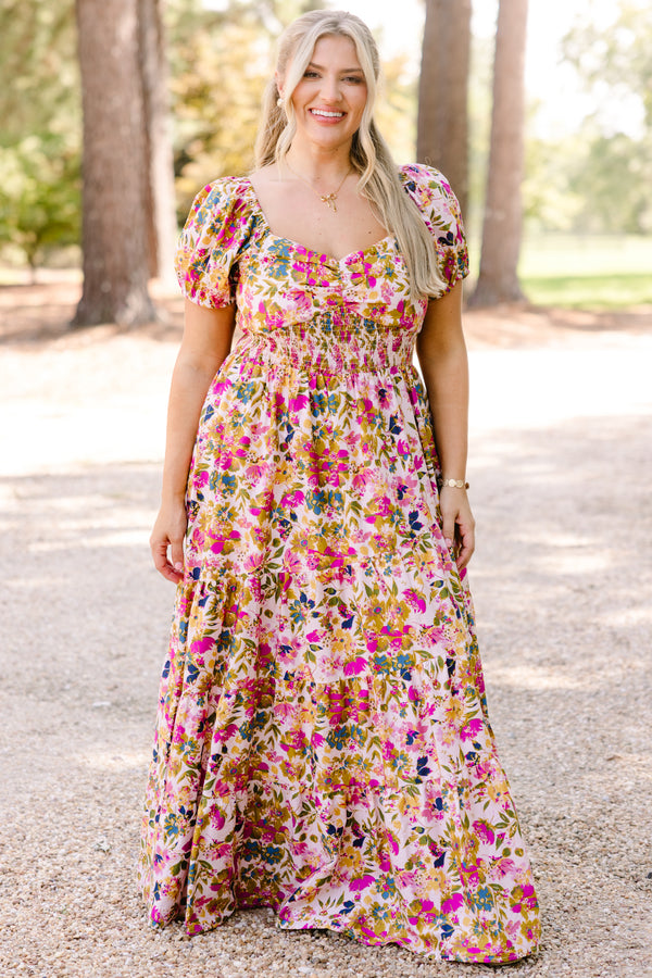 Chic Soul plus size clothing, multi colored floral print flowy tiered maxi dress with short puff sleeves and a sweetheart neckline