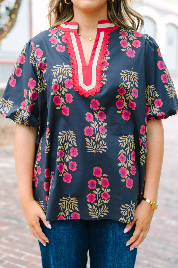 Plus Size black floral cotton top with bubble puff sleeves and a pink scalloped slit V-neckline.