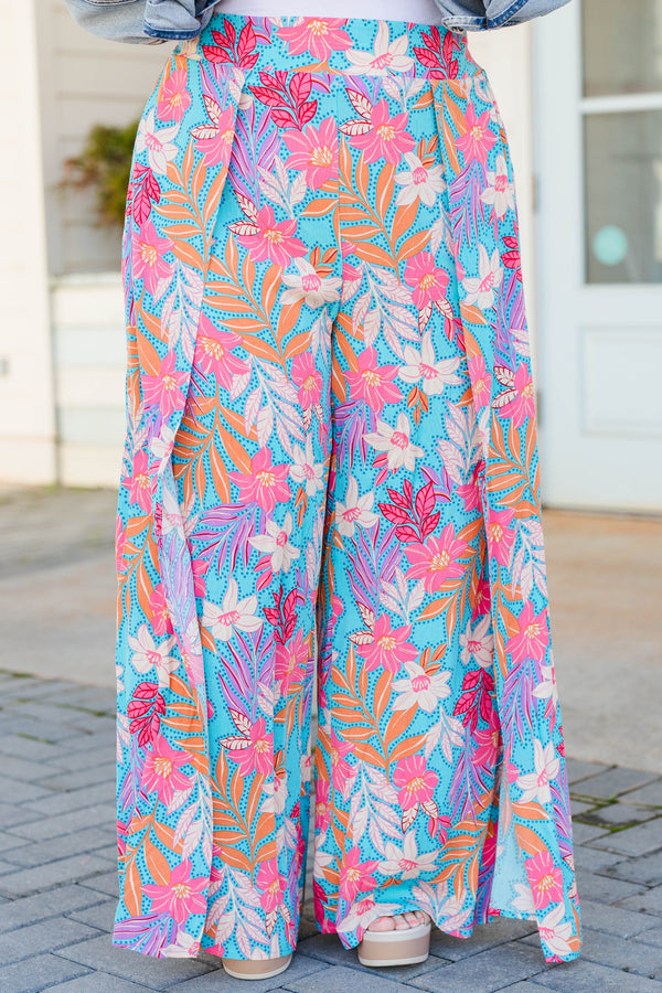 Chic Soul plus size clothing, turquoise flowy pants with pink multicolor floral design 