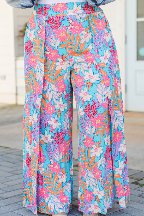 Chic Soul plus size clothing, turquoise flowy pants with pink multicolor floral design