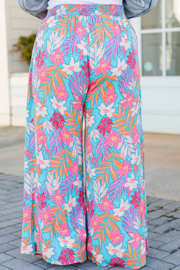 Chic Soul plus size clothing, turquoise flowy pants with pink multicolor floral design
