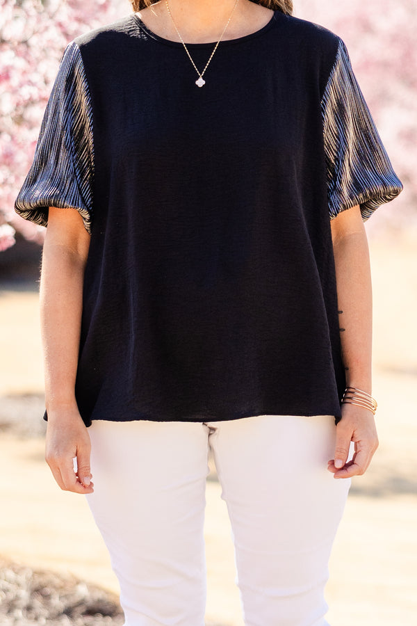 Chic Soul plus size clothing, short sleeve black top with high scoop-neckline and metallic black puffed sleeves