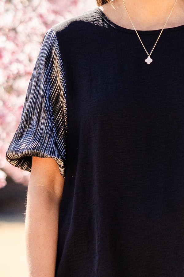 Chic Soul plus size clothing, short sleeve black top with high scoop-neckline and metallic black puffed sleeves