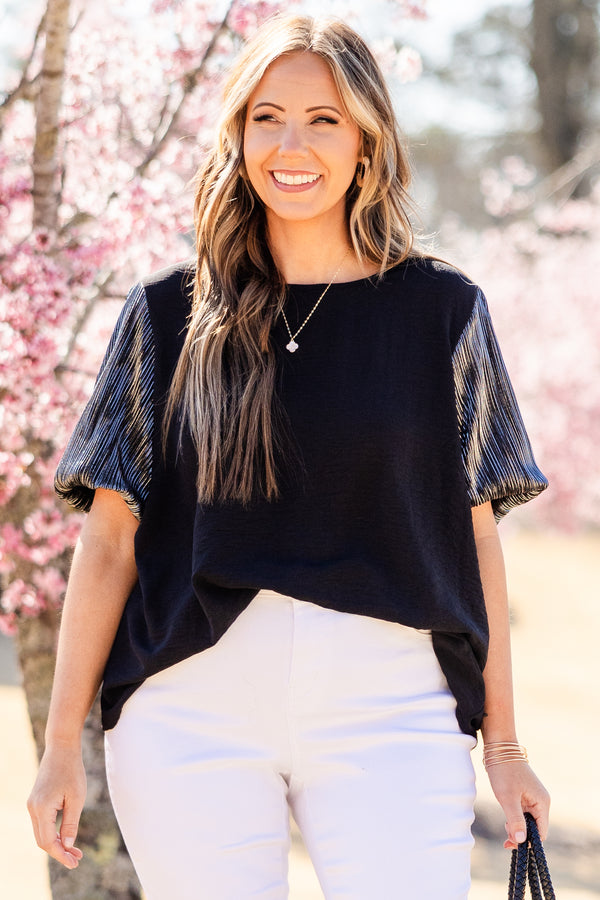 Chic Soul plus size clothing, short sleeve black top with high scoop-neckline and metallic black puffed sleeves