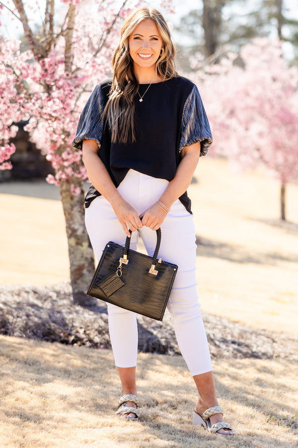 Chic Soul plus size clothing, short sleeve black top with high scoop-neckline and metallic black puffed sleeves