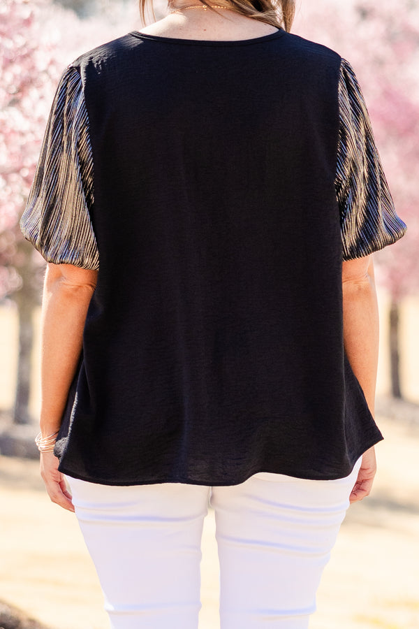 Chic Soul plus size clothing, short sleeve black top with high scoop-neckline and metallic black puffed sleeves