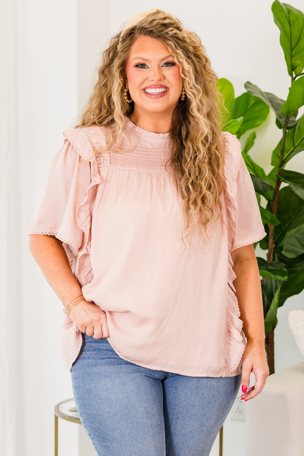 Chic Soul plus size clothing, taupe short sleeve top with ruffles and lace details