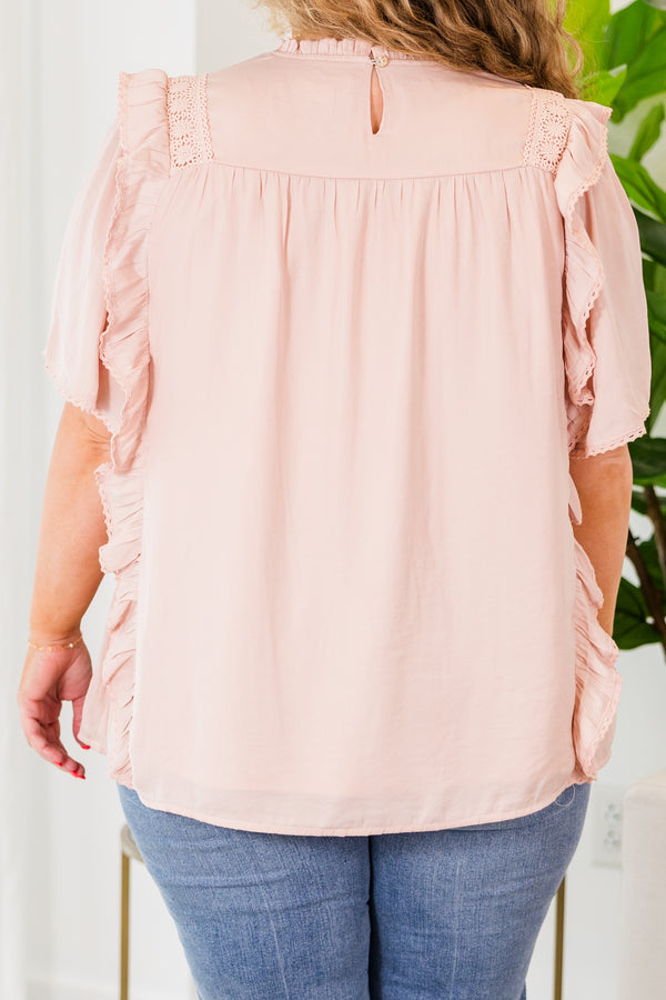 Chic Soul plus size clothing, taupe short sleeve top with ruffles and lace details