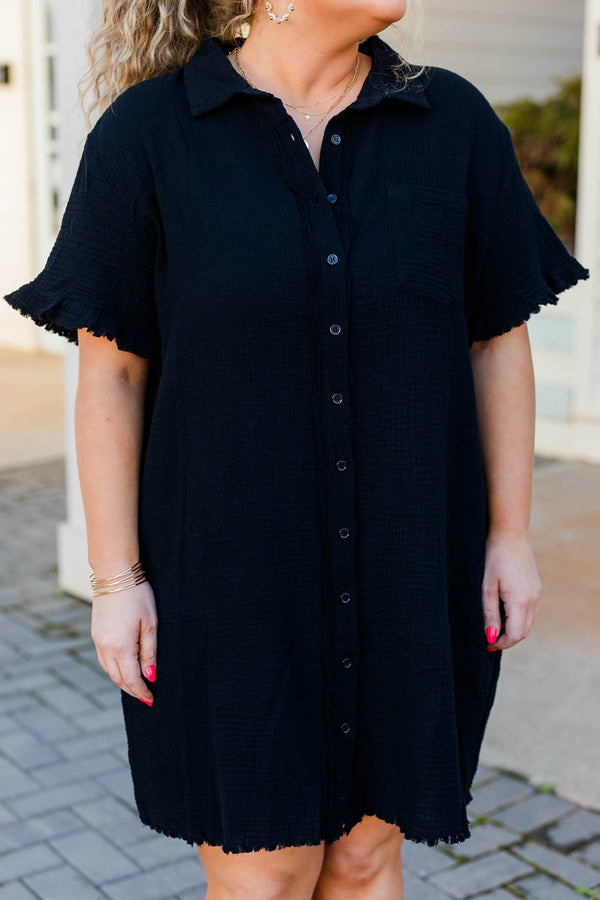 Chic Soul plus size clothing, black button down dress with collar neckline and ruffle sleeves