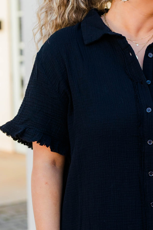 Chic Soul plus size clothing, black button down dress with collar neckline and ruffle sleeves