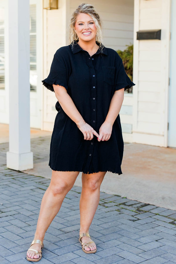Chic Soul plus size clothing, black button down dress with collar neckline and ruffle sleeves