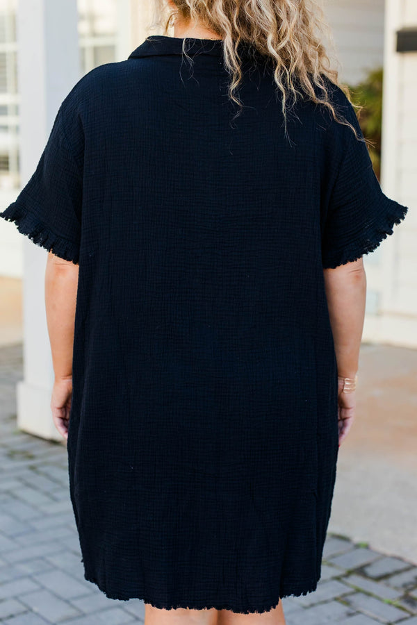 Chic Soul plus size clothing, black button down dress with collar neckline and ruffle sleeves