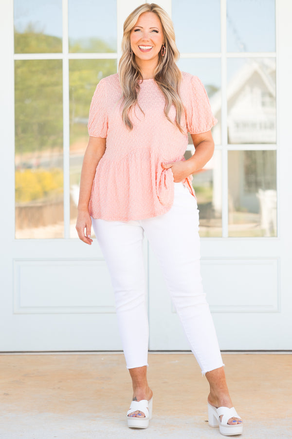 Chic Soul plus size clothing, peach polka dotted pattern top with bubble sleeves