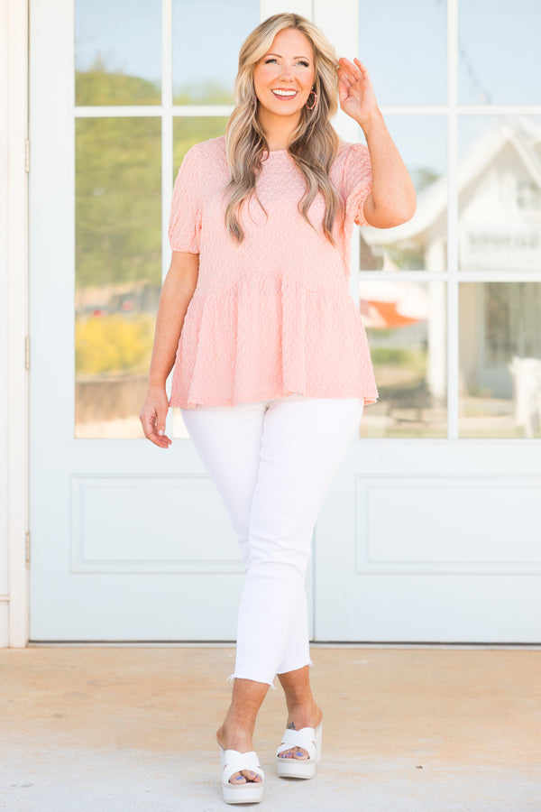 Chic Soul plus size clothing, peach polka dotted pattern top with bubble sleeves