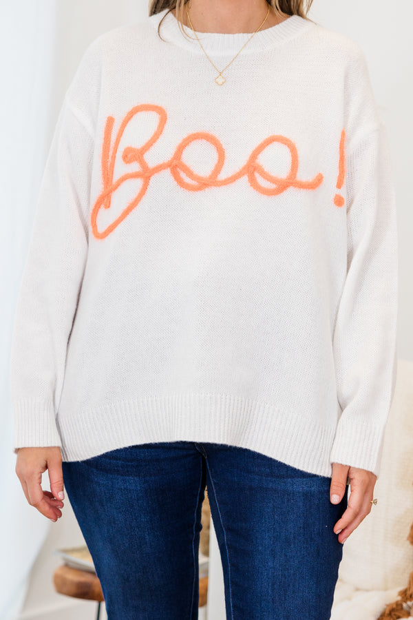 Chic Soul plus size clothing, long-sleeve crewneck white sweater with orange embroidery in cursive stating 