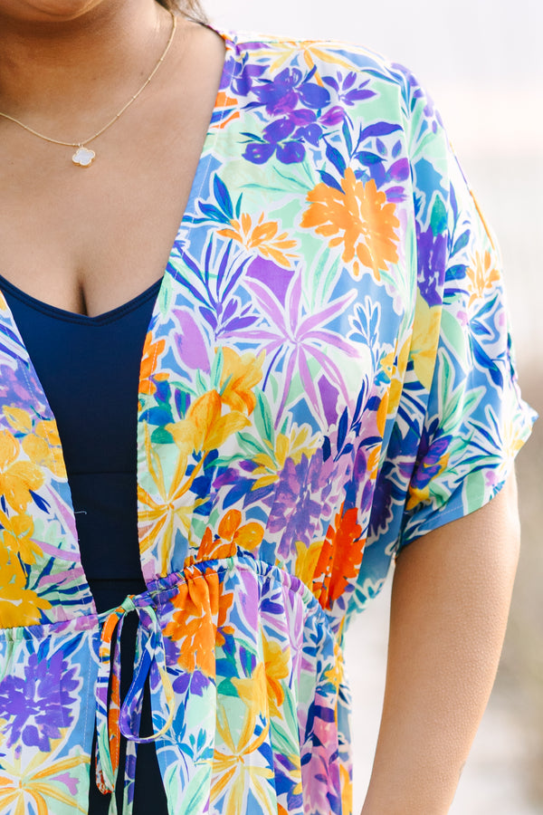 Chic Soul plus size clothing, short-sleeve flowy royal blue multi-colored kimono with a floral pattern