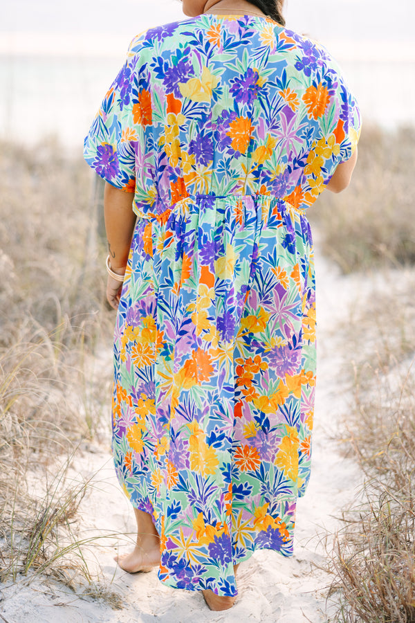 Chic Soul plus size clothing, short-sleeve flowy royal blue multi-colored kimono with a floral pattern
