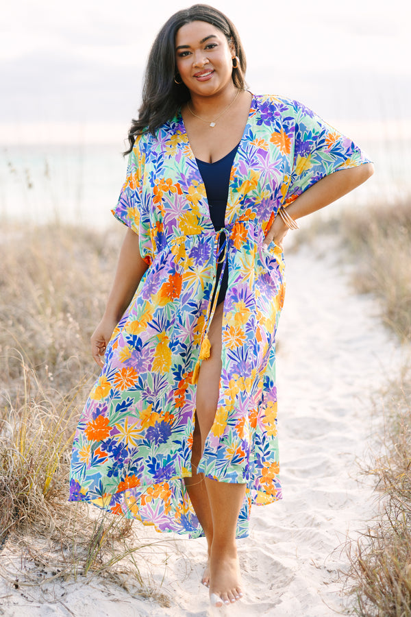 Chic Soul plus size clothing, short-sleeve flowy royal blue multi-colored kimono with a floral pattern