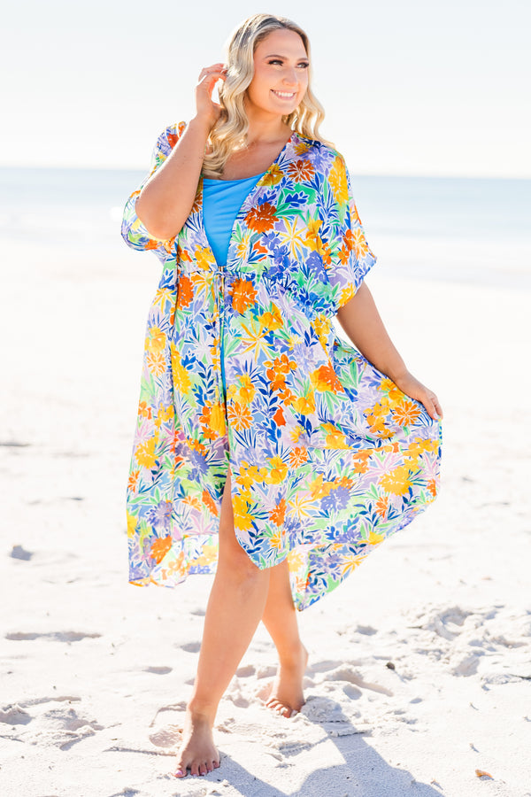 hic Soul plus size clothing, short-sleeve flowy royal blue multi-colored kimono with a floral pattern
