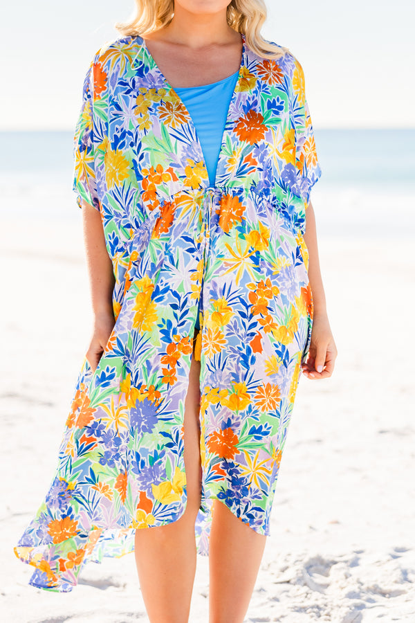 hic Soul plus size clothing, short-sleeve flowy royal blue multi-colored kimono with a floral pattern