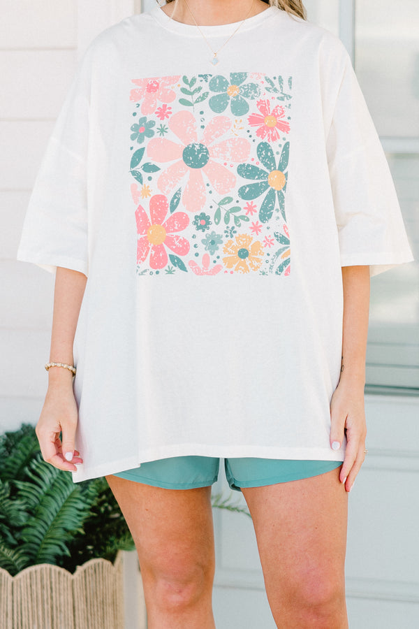 Chic Soul plus size clothing, ivory short sleeve boyfriend tee with floral print graphic