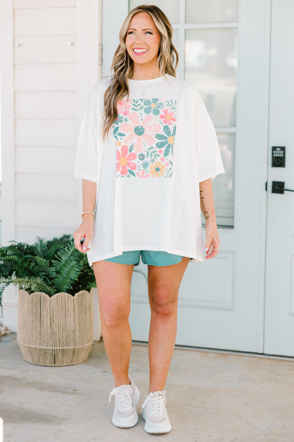 Chic Soul plus size clothing, ivory short sleeve boyfriend tee with floral print graphic