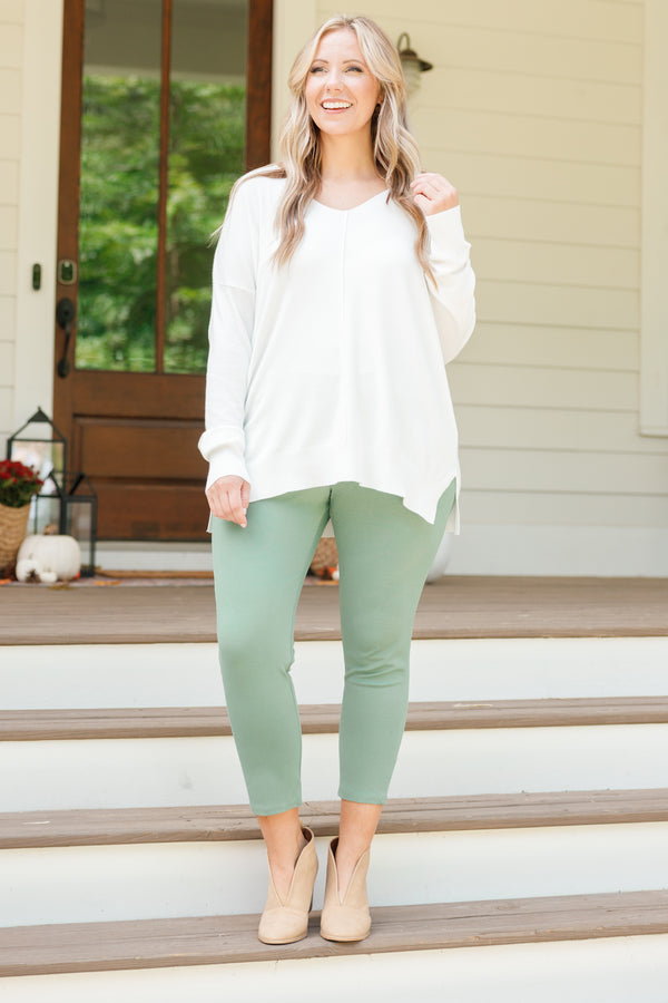 Chic Soul plus size clothing, celadon colored work pants, stretchy and fitted