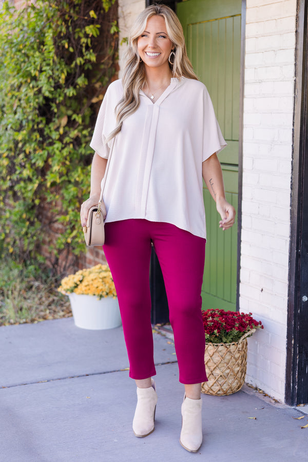 Chic Soul plus size clothing, mid-waisted cropped slim-fitting magenta business pants with hidden pockets