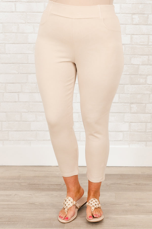 Plus Size oatmeal stretchy business pants with a high waist and cropped ankle length.