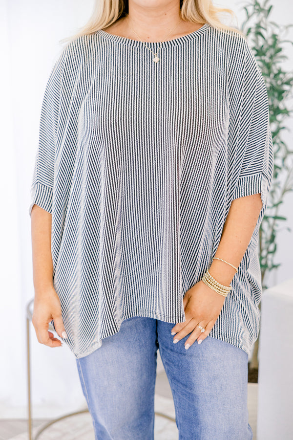 Chic Soul plus size clothing, black and white vertical stripe dolman short sleeve top