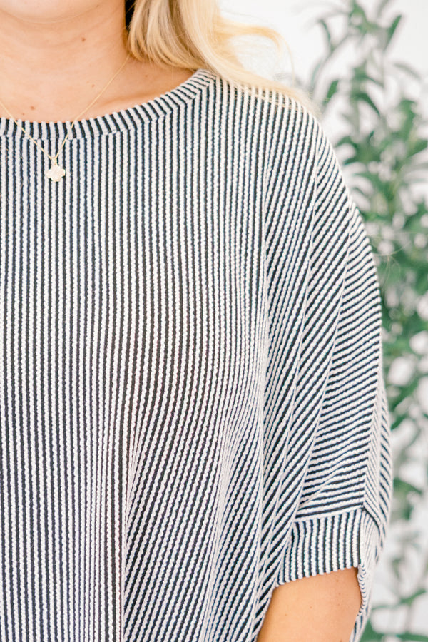 Chic Soul plus size clothing, black and white vertical stripe dolman short sleeve top