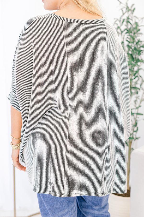 Chic Soul plus size clothing, black and white vertical stripe dolman short sleeve top