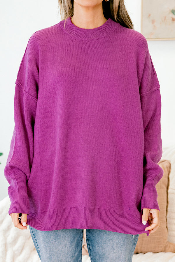 Chic Soul plus size clothing, dark fuchsia purple long sleeve crewneck sweater