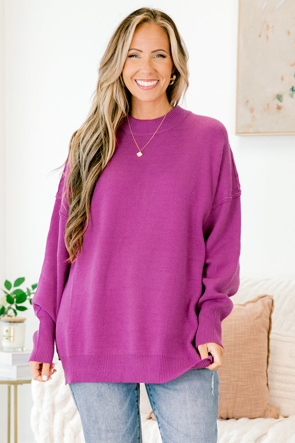Chic Soul plus size clothing, dark fuchsia purple long sleeve crewneck sweater