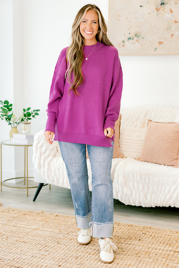 Chic Soul plus size clothing, dark fuchsia purple long sleeve crewneck sweater