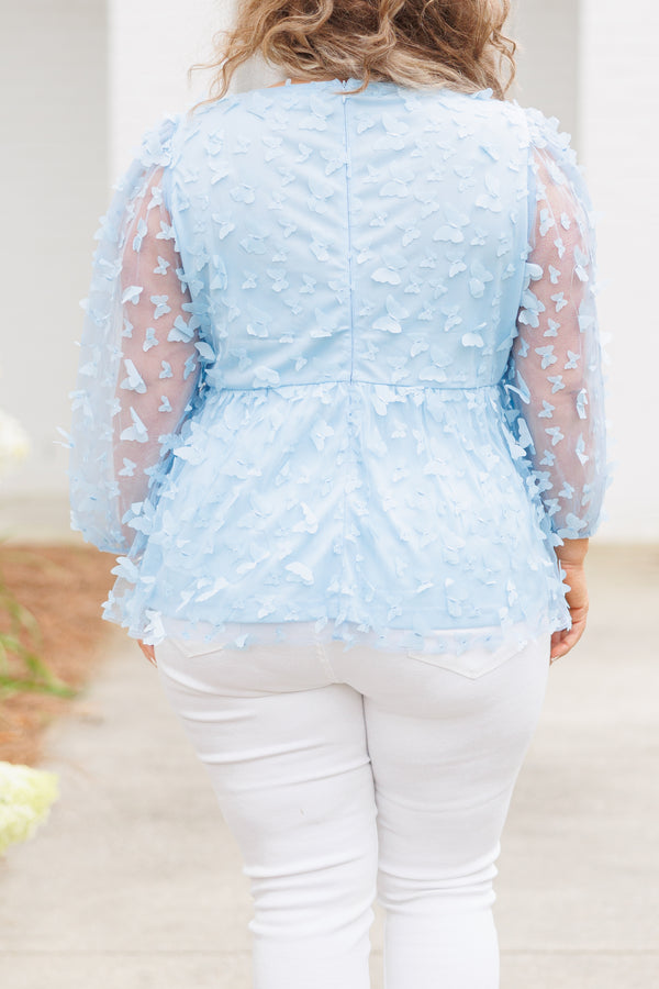 Chic Soul plus size clothing, sky blue babydoll top with butterfly embellishments and bubble sleeves