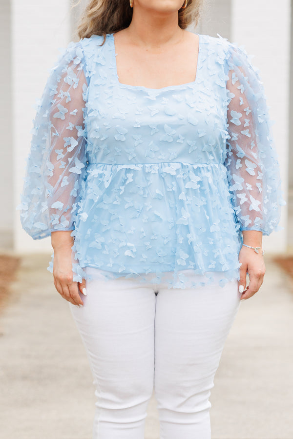 Chic Soul plus size clothing, sky blue babydoll top with butterfly embellishments and bubble sleeves