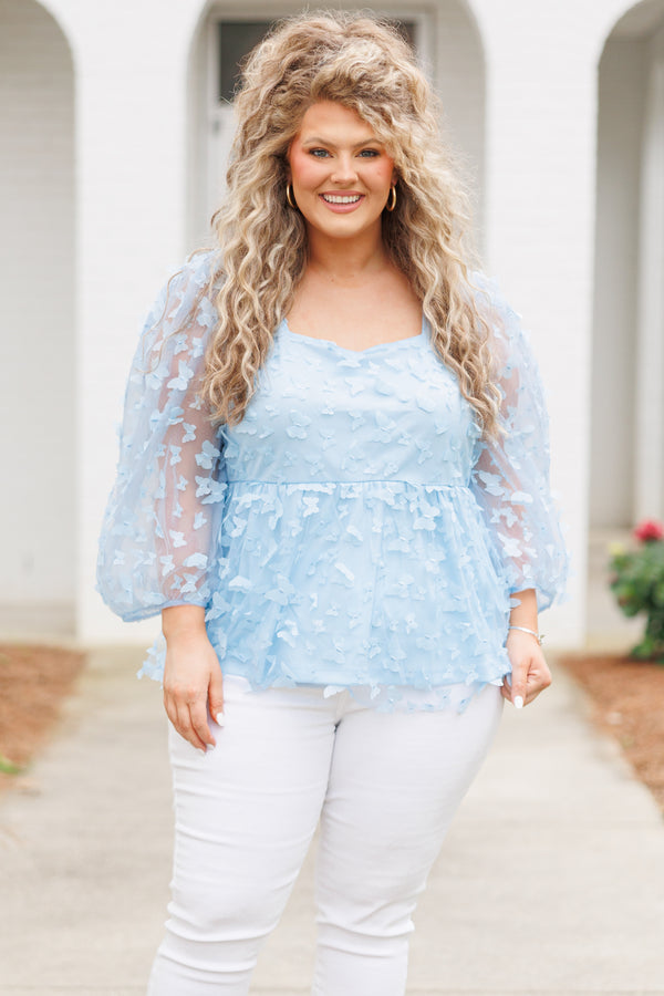 Chic Soul plus size clothing, sky blue babydoll top with butterfly embellishments and bubble sleeves