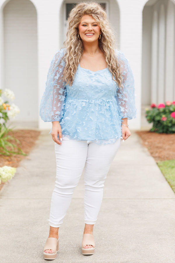 Chic Soul plus size clothing, sky blue babydoll top with butterfly embellishments and bubble sleeves