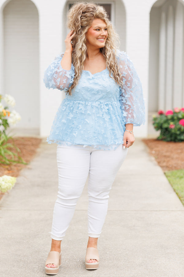 Chic Soul plus size clothing, sky blue babydoll top with butterfly embellishments and bubble sleeves