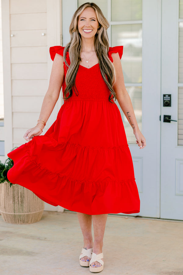Chic Soul plus size clothing, flutter strap bright red ruffled baby doll midi dress with a smocked bodice and a sweetheart neckline