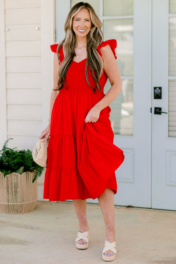 Chic Soul plus size clothing, flutter strap bright red ruffled baby doll midi dress with a smocked bodice and a sweetheart neckline