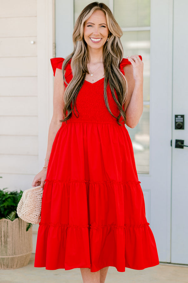 Chic Soul plus size clothing, flutter strap bright red ruffled baby doll midi dress with a smocked bodice and a sweetheart neckline