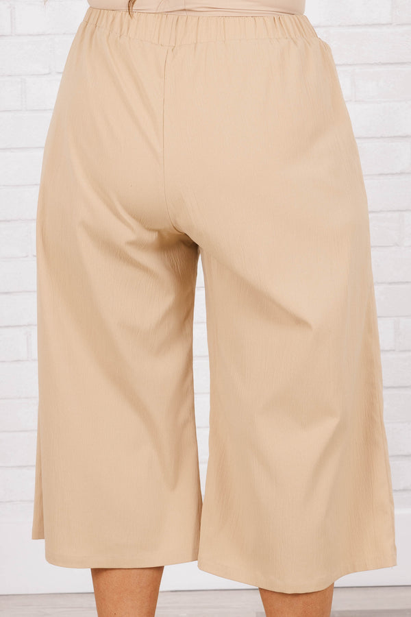 Chic Soul plus size clothing, mocha colored flare style pants with a elastic waistband with button detail